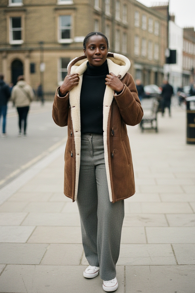 Mujer morena con abrigo shearling