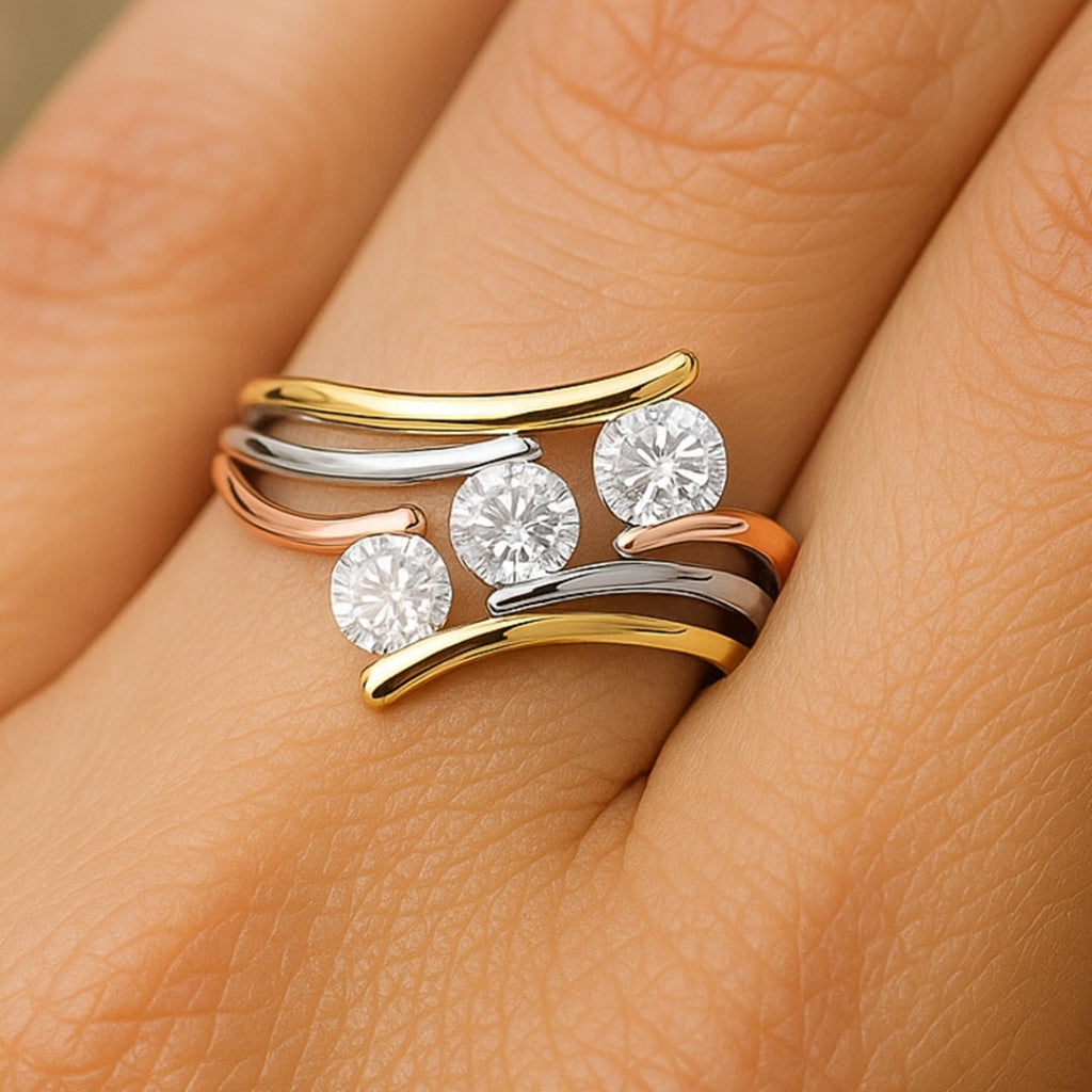 ANILLO VALENTINO COSTA TRICOLOR ONDAS CON CIRCONITAS