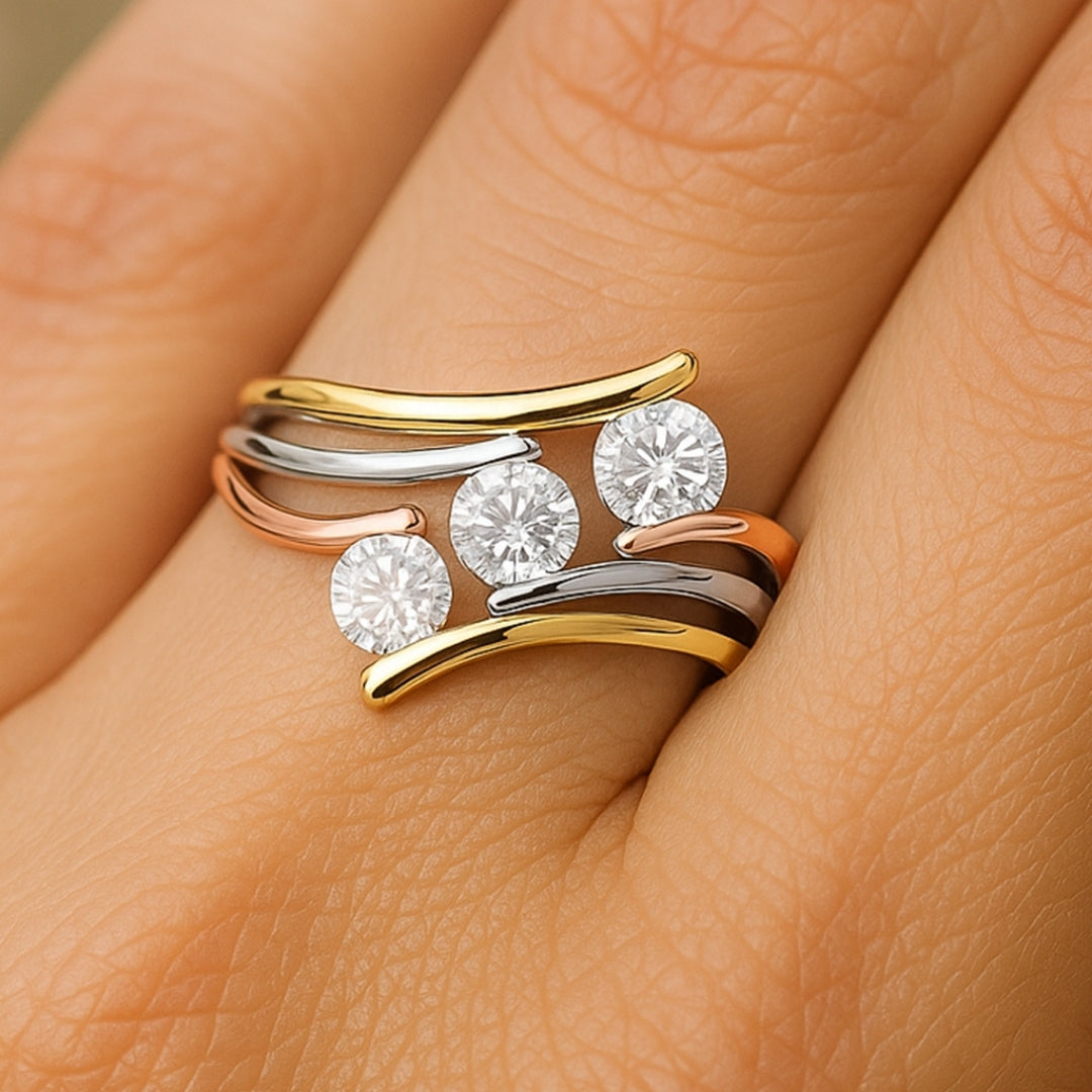 ANILLO VALENTINO COSTA TRICOLOR ONDAS CON CIRCONITAS