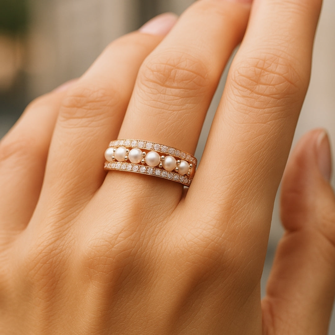ANILLO VALENTINO COSTA DOBLE ARO CON PERLAS Y CIRCONITAS