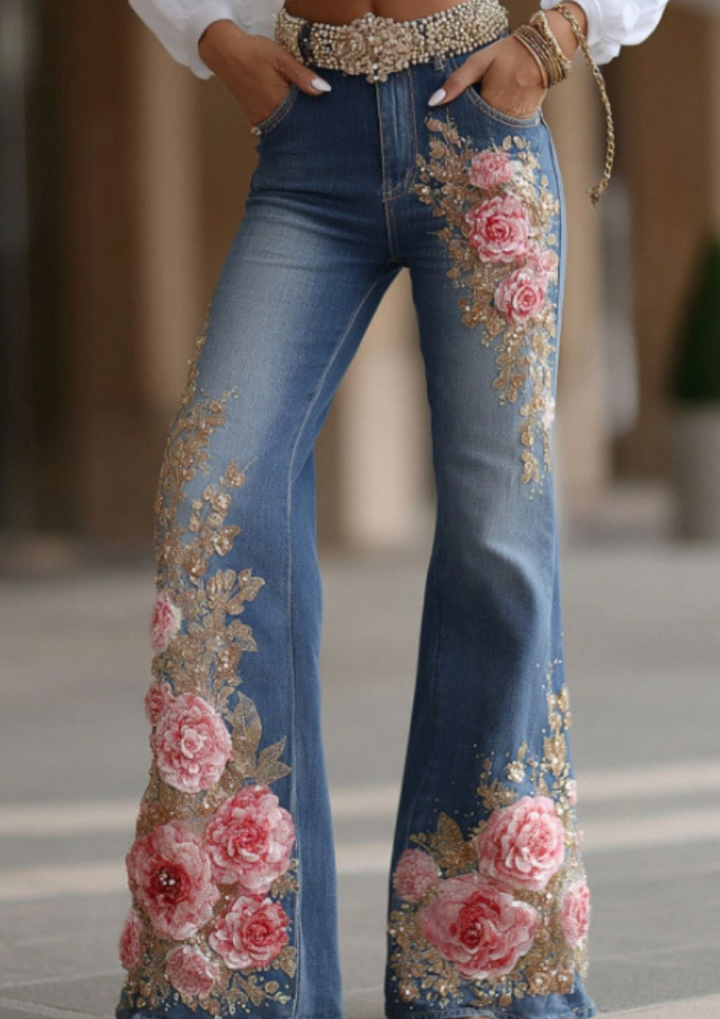 JEANS FLORAL FLARE CINTURA ALTA
