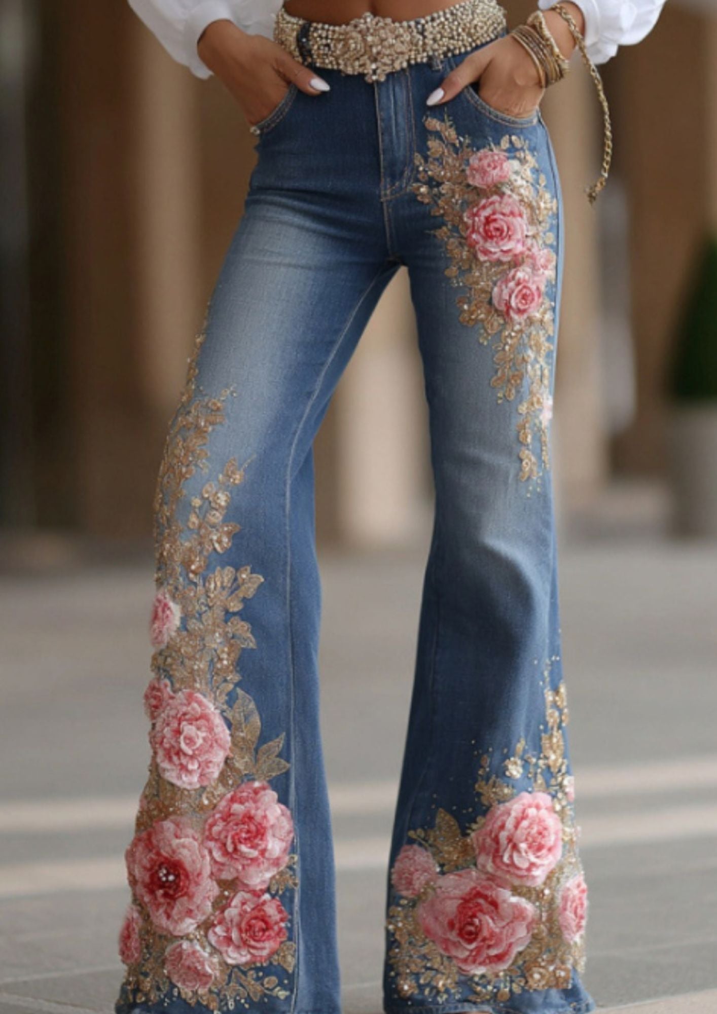 JEANS FLORAL FLARE CINTURA ALTA