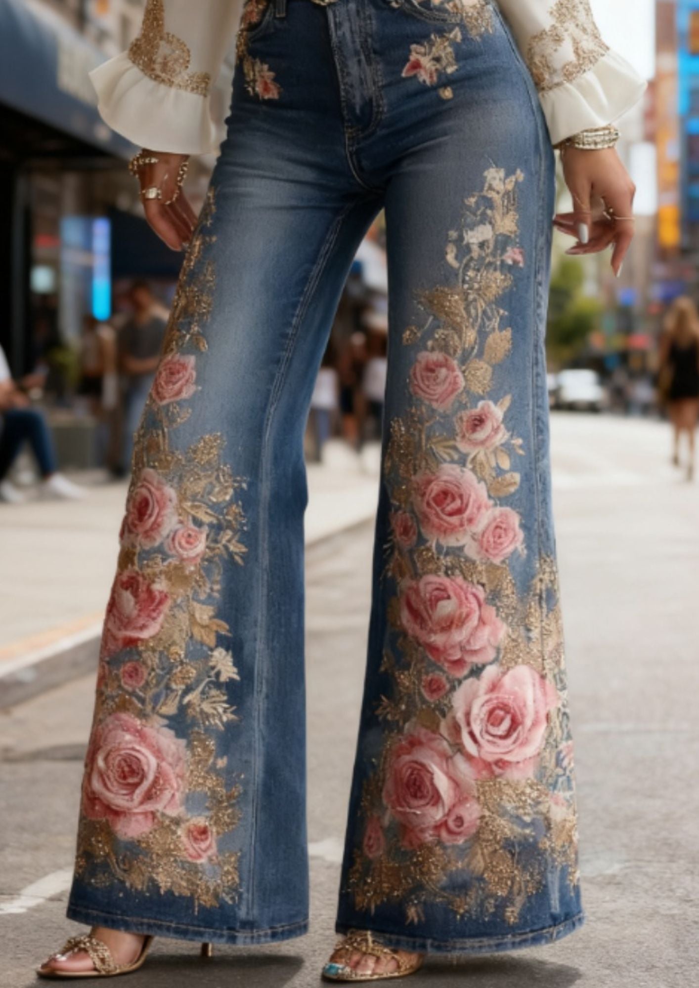 JEANS FLORAL FLARE CINTURA ALTA