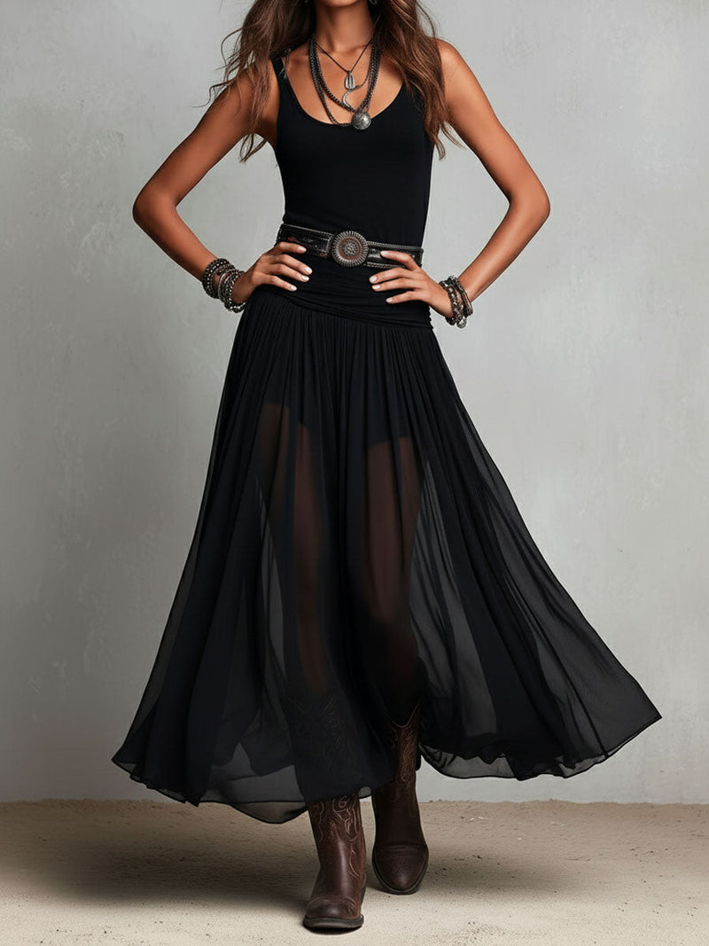 Abito Maxi Stretchy Nero Boho Western con Gonna Trasparente
