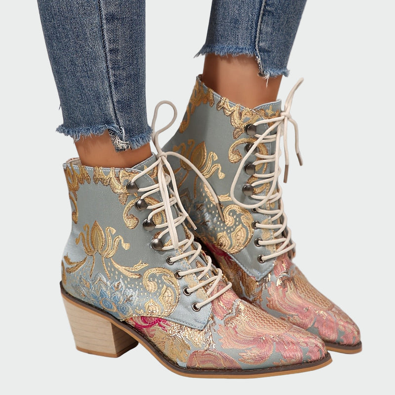 Sandra | Botines De Cuero Con Flores Elegantes Radiantes