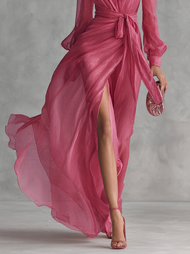Abito lungo da donna elegante in chiffon rosa perla con scollo a V e cintura in vita