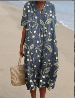 Vestido suelto con cuello en V y estampado