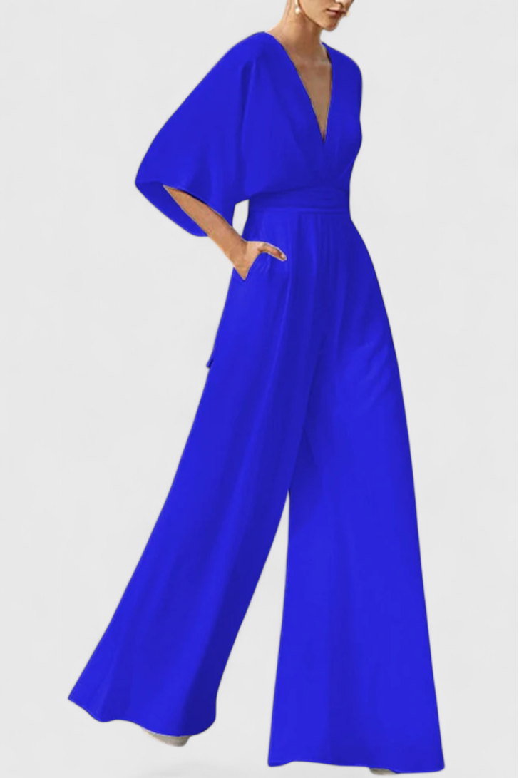 Isaura Mono Largo Elegante con Pierna Ancha y Escote en V