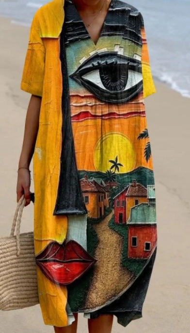 Vestido suelto con cuello en V y estampado
