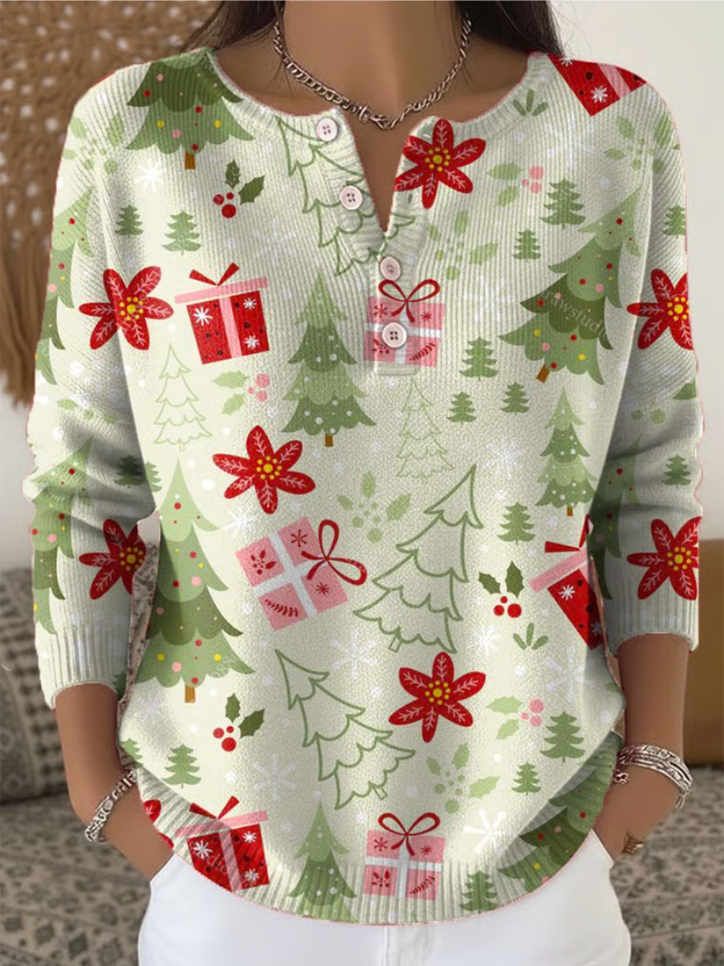 Sofia - Suéter navideño con estampado de regalos y árboles de pino