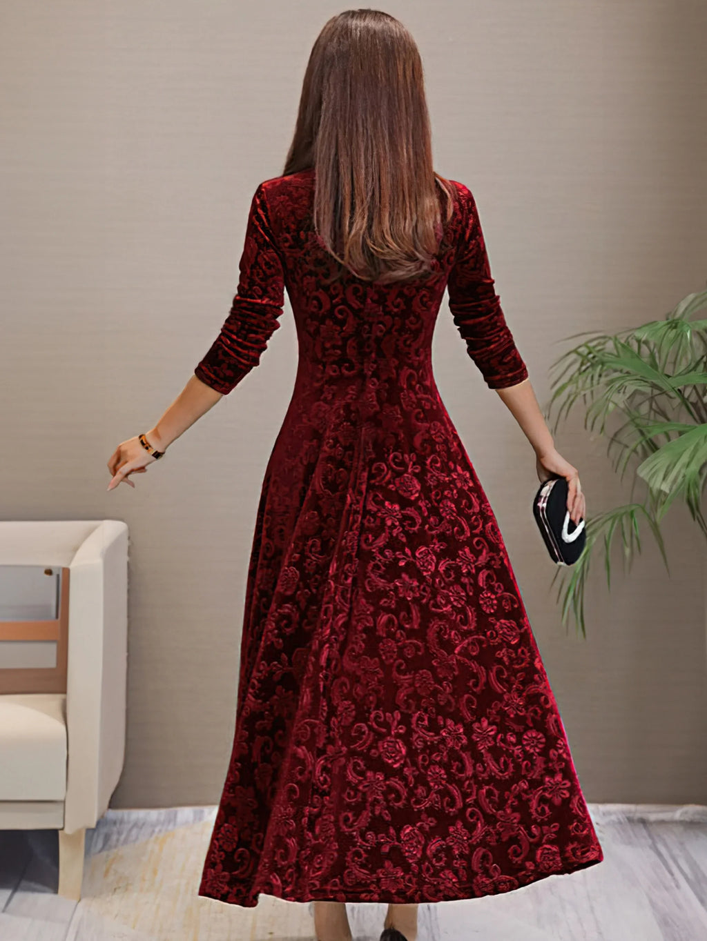Valeria | Vestido Rojo de terciopelo elegante con mangas largas