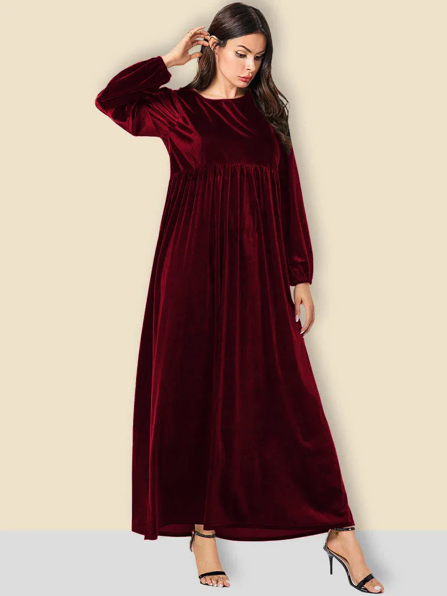 Isabel | Vestido Burdeos de terciopelo con cuello redondo, mangas farol y bajo amplio