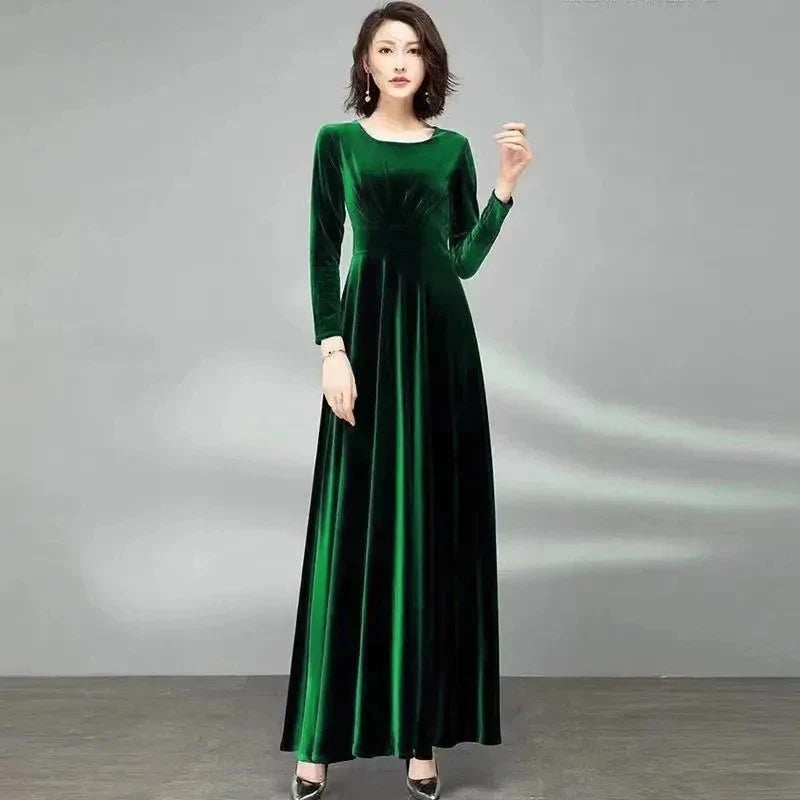Catalina | Vestido Verde Largo de Terciopelo Holgado y Mangas Largas