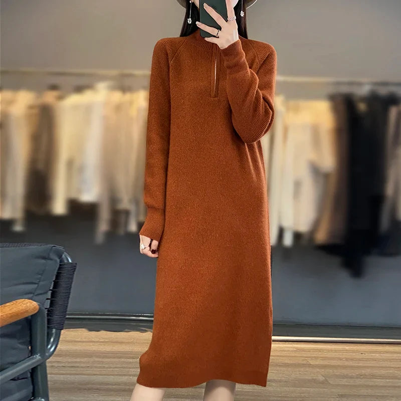 Sofía | Vestido Castaño de Punto de Lana Merino con Cremallera, Cálido y Suave
