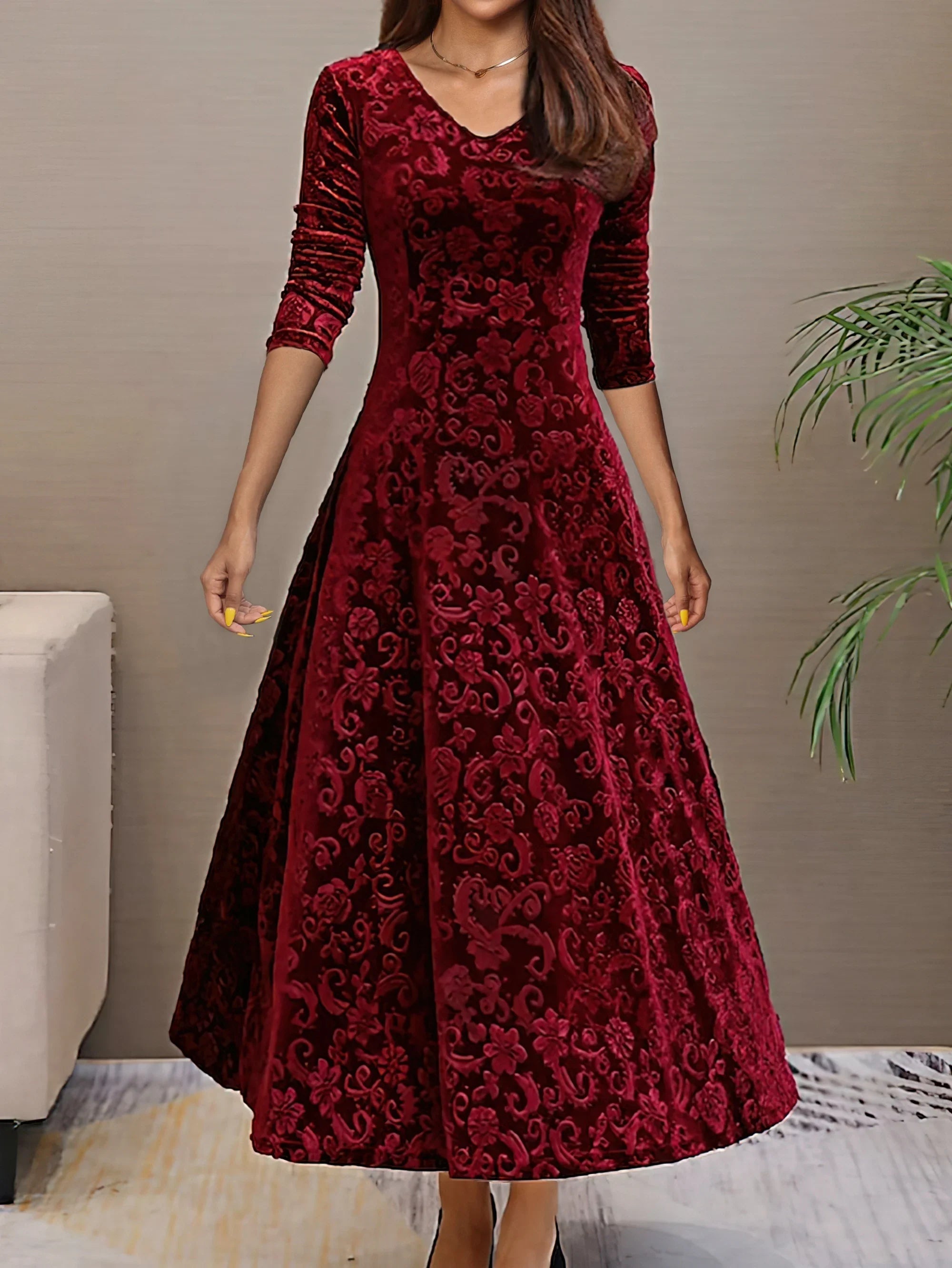 Valeria | Vestido Rojo de terciopelo elegante con mangas largas