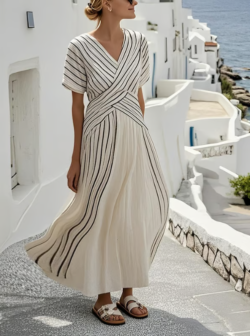 Vestido de lino con cintura cruzada elegante