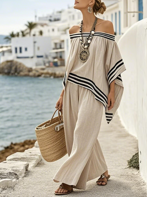 Conjunto de lino off-shoulder con rayas elegantes