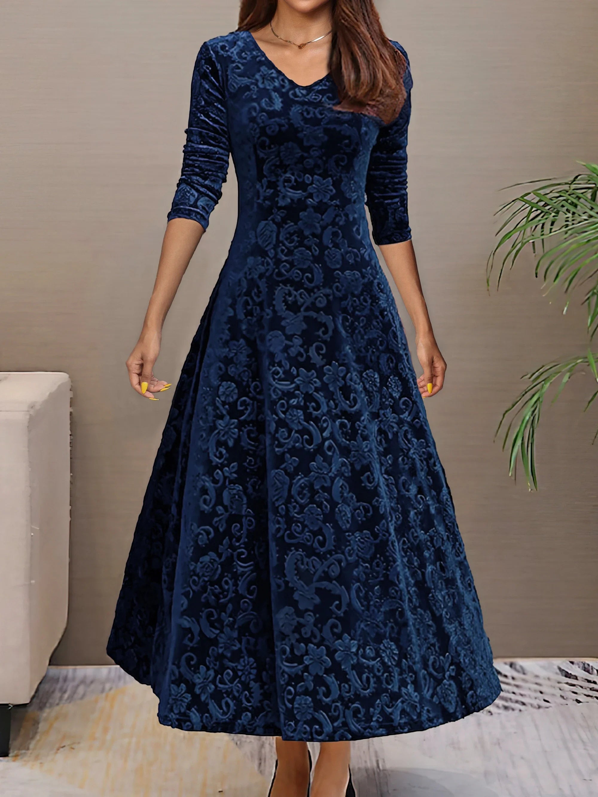 Valeria | Vestido Azul de terciopelo elegante con mangas largas