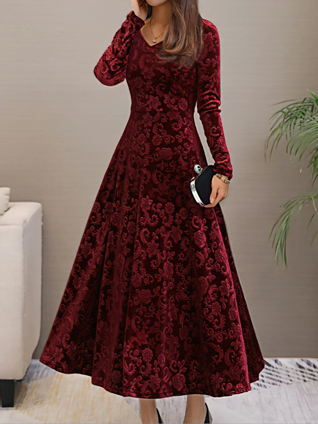 Valeria | Vestido Rojo de terciopelo elegante con mangas largas
