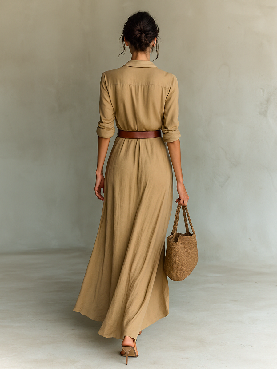 Abito Maxi Lungo con Collo a Revers e Maniche Lunghe per Donne