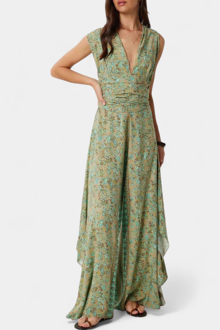 Leandra Mono Fluido Cruzado con Estampado Floral Verde