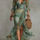 Abito Maxi in Chiffon Verde Erba con Rouches Irregolari e Spacco