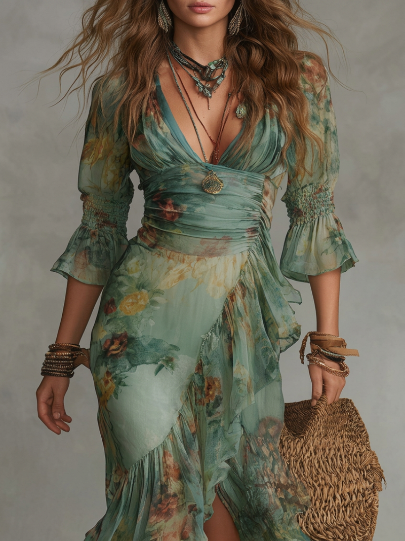 Abito Maxi in Chiffon Verde Erba con Rouches Irregolari e Spacco