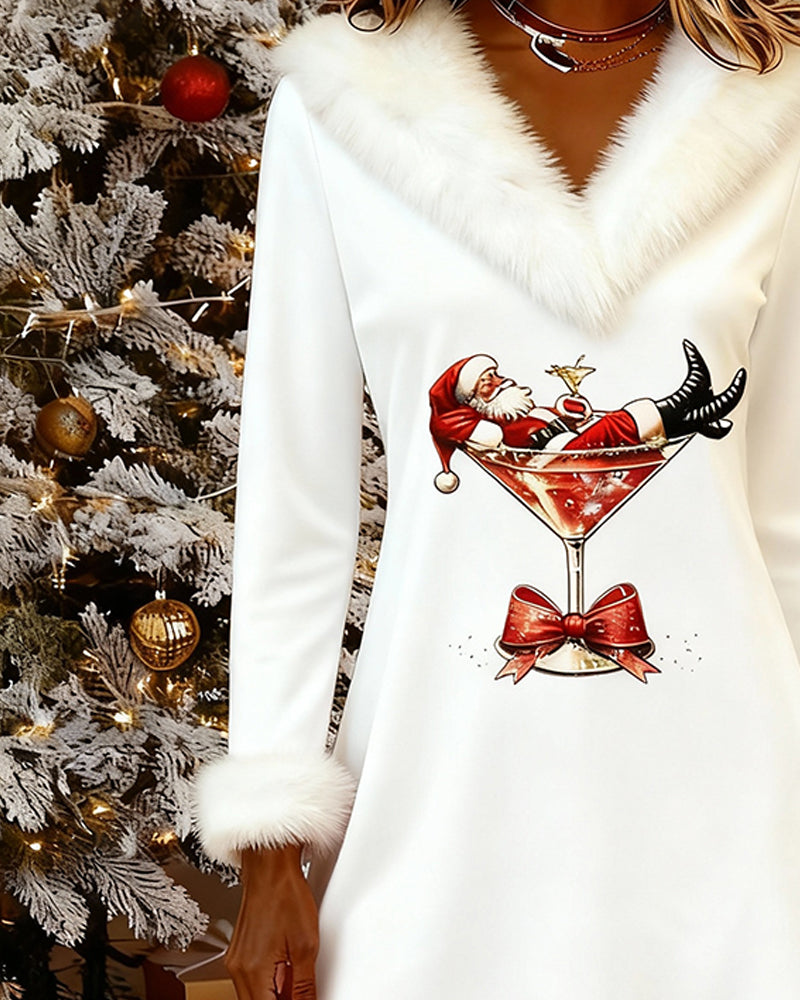 Amalia | Vestido de Cuello de Piel con Estampado Navideño